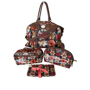 Vintage Fossil Key-Per Canvas Coated Travel (5) Set Weekender Tote & Accesories